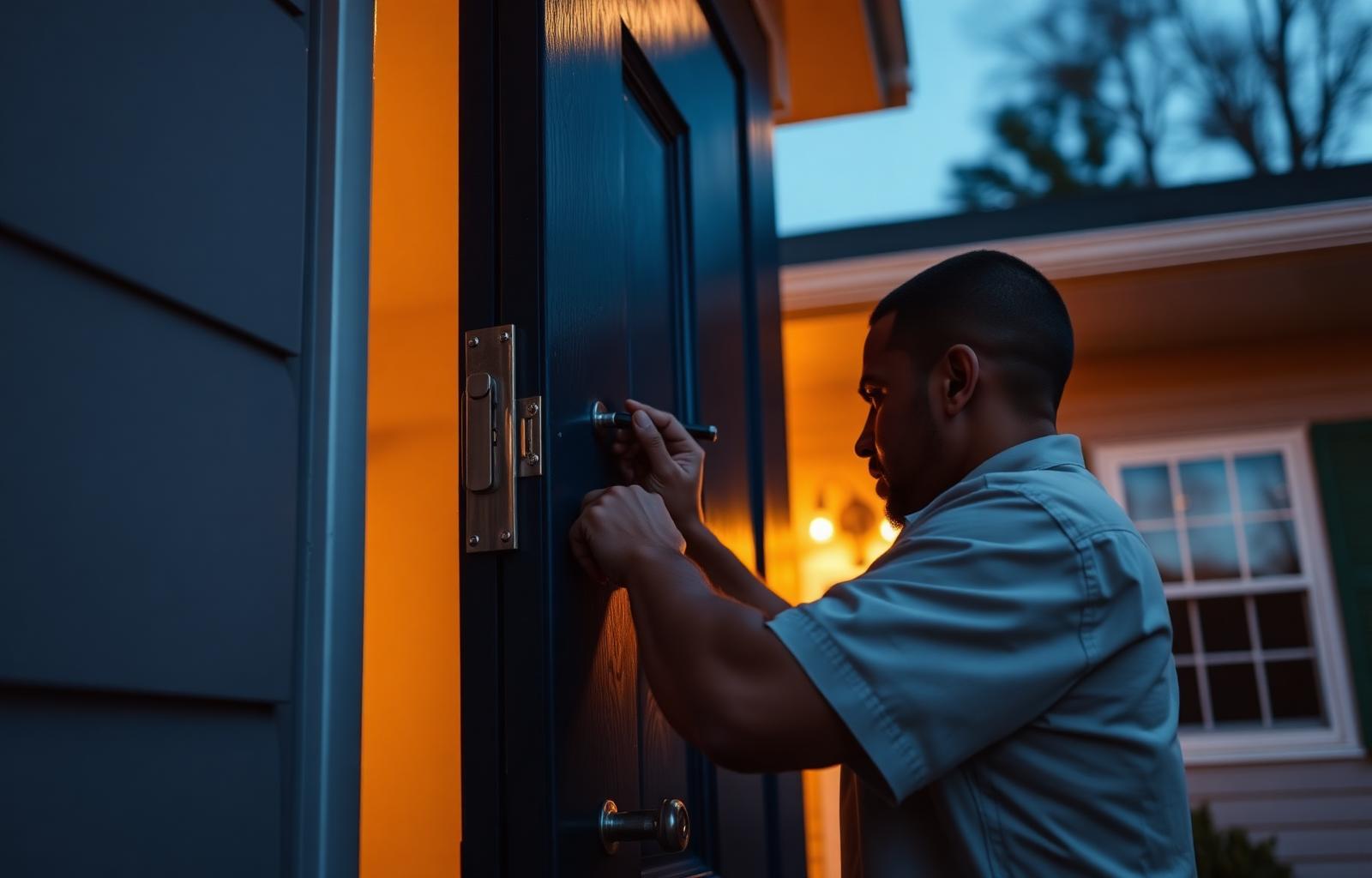 Creedmoor Locksmith technician working on a residential door lock in Creedmoor, NC